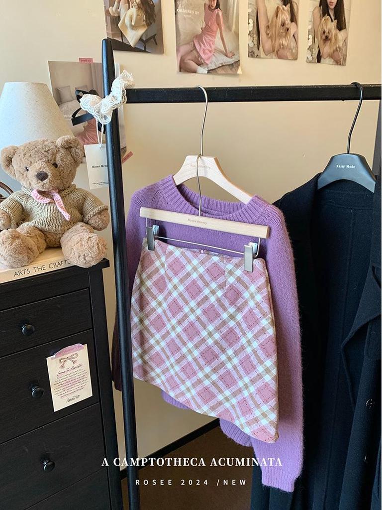 Academy Style Pink Plaid A-line Wool Skirt - Hip-Hugging for Spring & Autumn