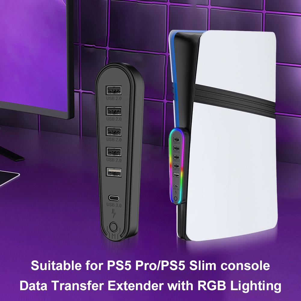 6 in1 USB Hub High-Speed Extra USB Port Extender with RGB Light Charger Adapter Converter for PlayStation 5 Pro/Slim Accessories
