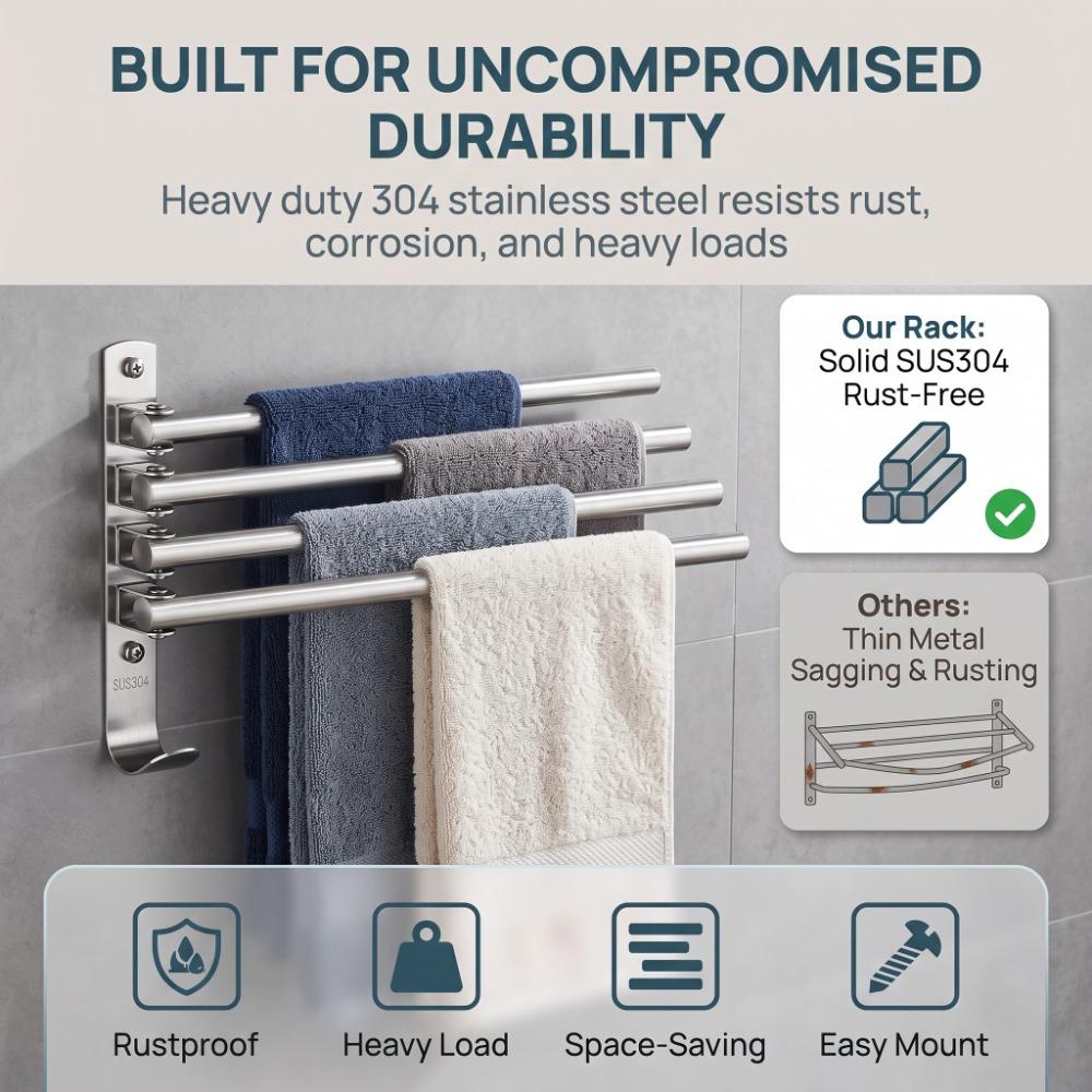 Swivel Out Towel Racks Silver Towel Holder Organizer Durable Bath Towel Hanger Space-Saving
