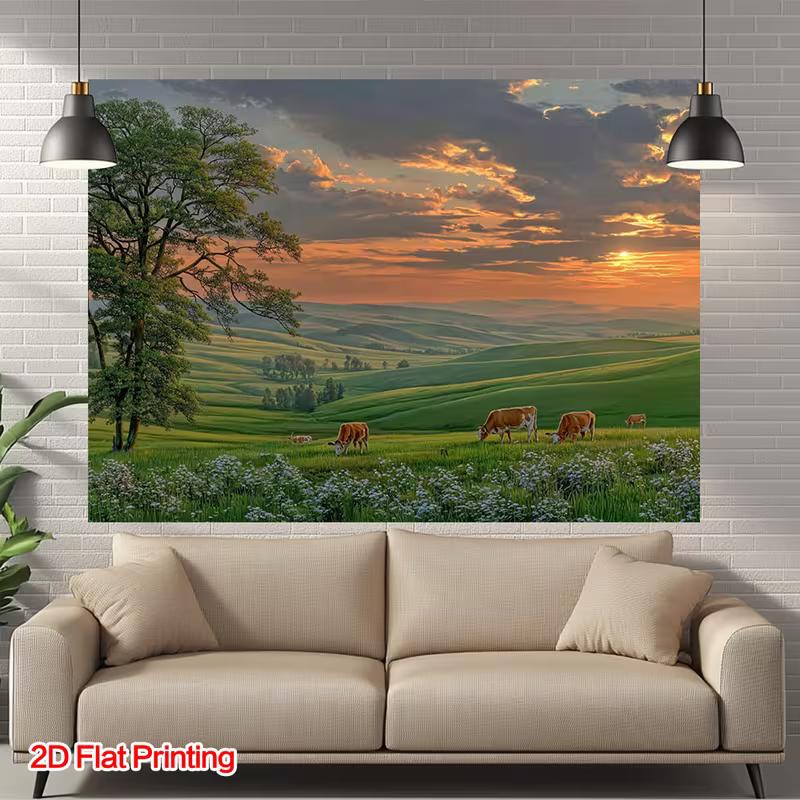 Tranquil Pastoral Tapestry, Golden Hour Sunset Over a Peaceful Green Pasture with Grazing Cows, Rustic Farm Wall Art