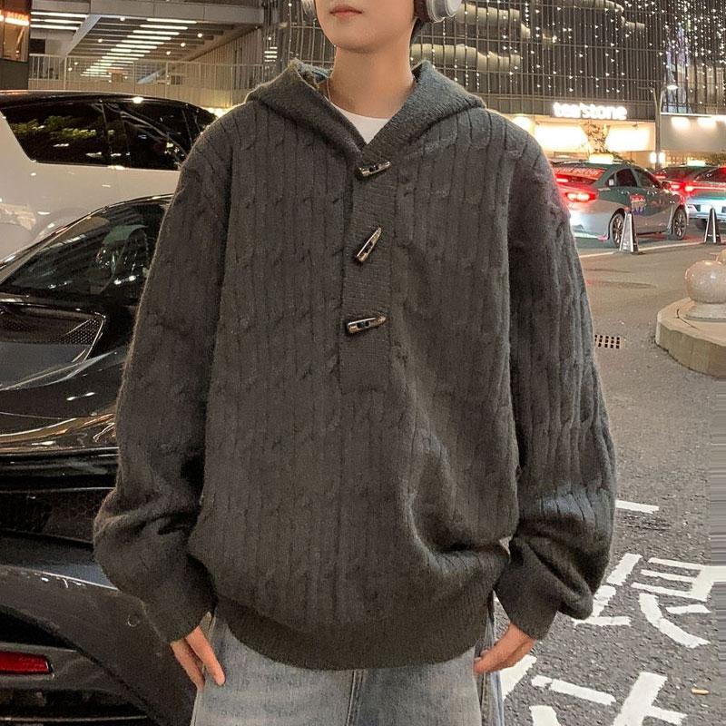 Men s Black Hooded Cable Knit Toggle Button Cardigan Oversized Casual Sweater Jacket L