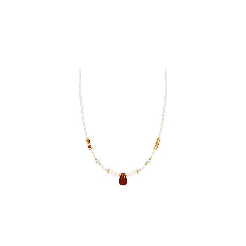Freshwater Pearl Red Agate Teardrop Necklace for Women, Elegant Zircon Square Sugar Crystal Collar Chain
