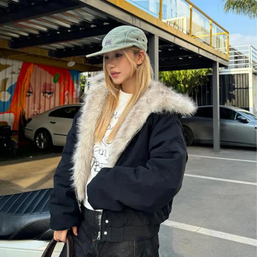 American Retro Fur Collar Hooded Jacket Women Y2K Streetwear Winter New Velvet Thickened Warm Harajuku Loose Casual Jacket