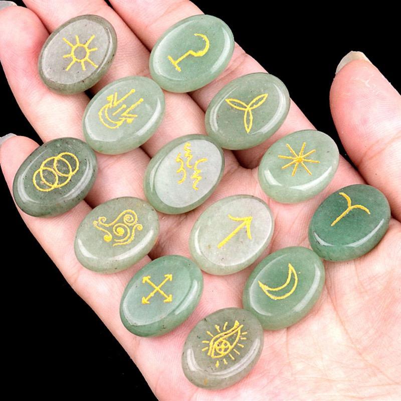 Natural Crystal Witches Runes Set Agate & Gemstone Divination Stones Elder Futhark Norse Viking Runes for Fortune Telling