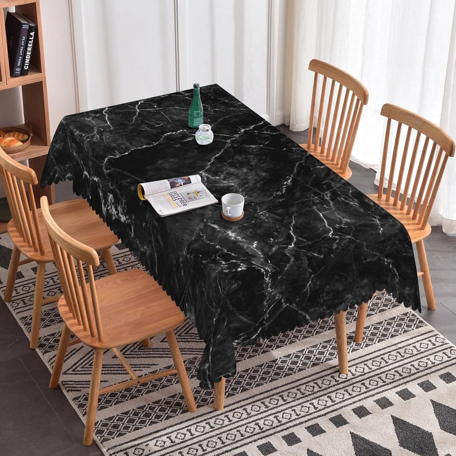 Jingyue Pet Unisex Black/Grey Modern Marble Texture Rectangle Tablecloth For Table Decor Reusable Kitchen Dining Tablecloth Holiday Party Decor