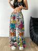 Wind Color Graffiti Printed Wide-leg Pants, High-waisted Drawstring Elastic Waist, American Street Style Casual Sports Trousers