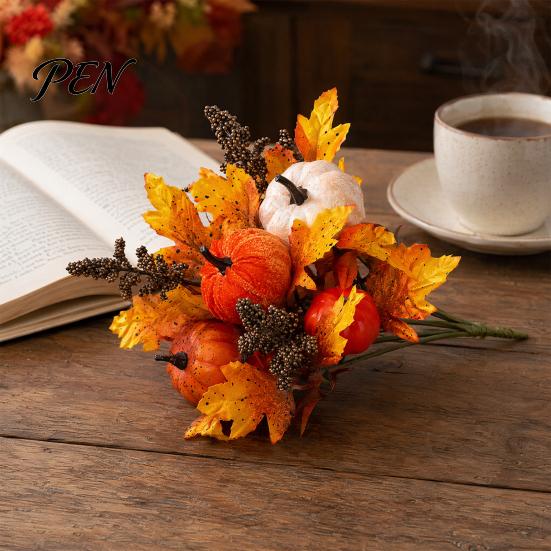 Artificial Fall Bouquet with Fabric Pumpkins Maple Leaves Wheat Berries, Fake Flowers And Autumn Home Decor for Thanksgiving Centerpieces, Seasonal