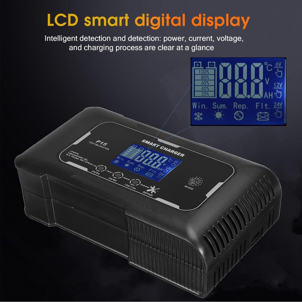 Black Car Battery Charger Pulse Repair Automatic Charging 12V 15A / 24V 10A For Car Motorcycle Lead Acid Battery AGM Gel Wet EFB