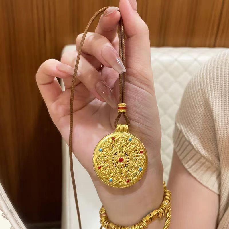 Gold-Plated Enamel Vajra Treasures Compass Amulet Necklace - Women's Good Luck Accessory