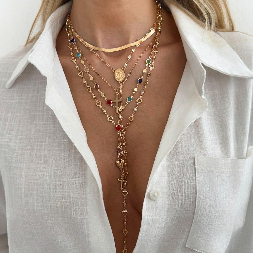 Y-Shaped Colorful Crystal Necklace Set Pearl Bohemian Style Necklace Fashion Gold Jewelry  Vacation