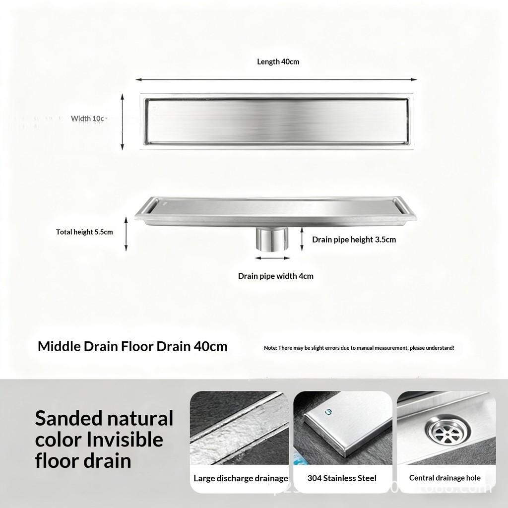 304 Stainless Steel Invisible Floor Drain Rectangular Shower Drain High Flow Hidden Grate Bathroom Drainage System