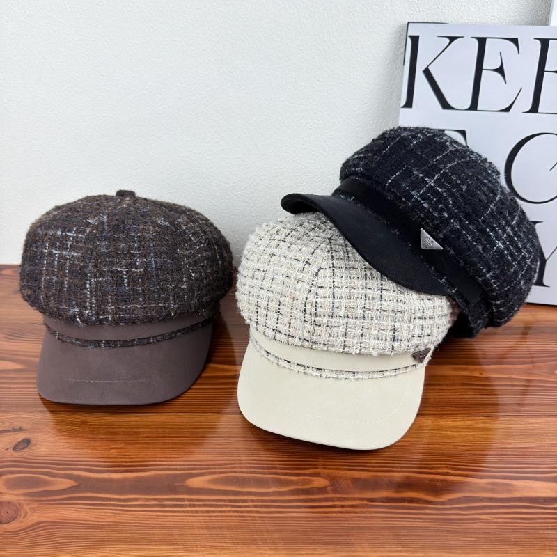 Retro Bere octagonal hat women's new plaid British style hat Japanese autumn and winter painter newsboy hat