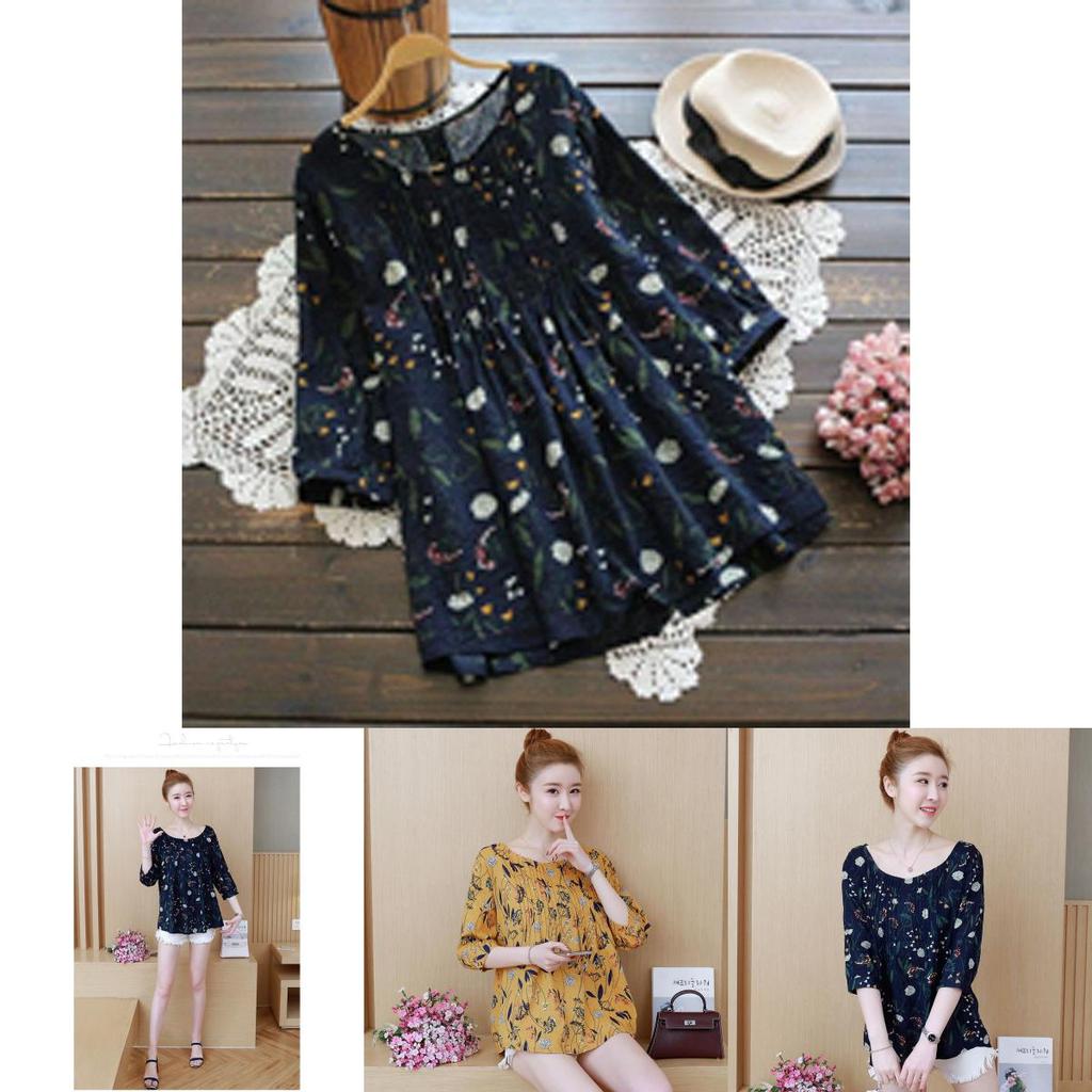 Elegant Womens Floral Print Casual Long Tops Shirt With Loose Vintage Ethnic Design And Crew Neck