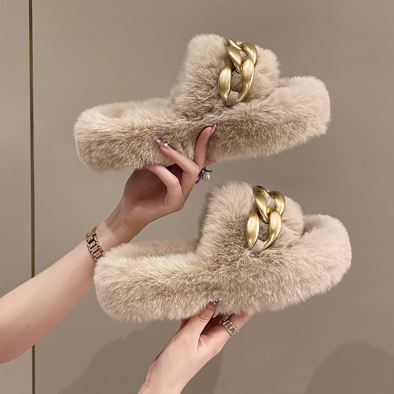 Muffin Large Size Thick Bottom Height Increase and Fluffy Slippers Women's Outer Wear Spring and Autumn Fashion Plush Office Home Cotton Mop