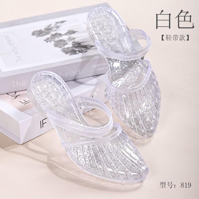 Baotou Sandals for Women Going Out In Summer Versatile Hollow Out Anti Slip Women's Thick Heel Crystal Slippers