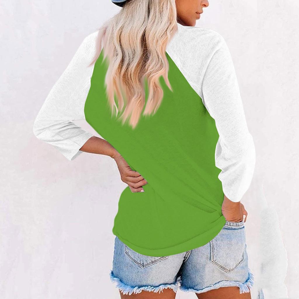 Women's Casual And Fashionable Patchwork V-Neck Top With Seven Quarter Sleeves Top