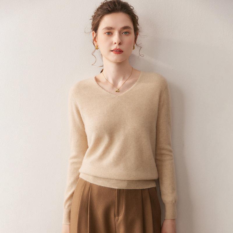 Versatile V-neck Cashmere Wool Sweater - Warm, Loose, Solid Color, Fashion-Forward Base Layer