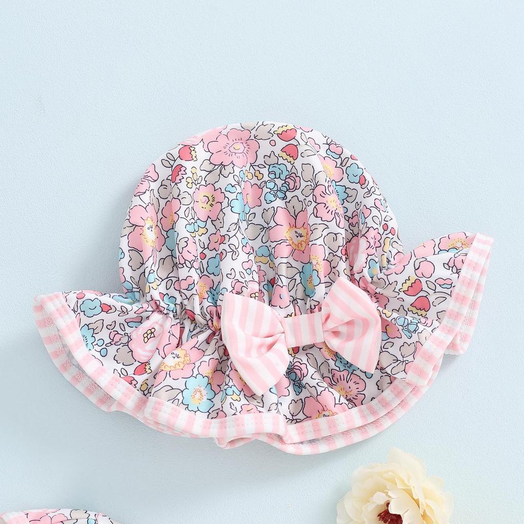 Baby Girl Rash Guard Swimsuit Long Sleeve Floral Print Bathing Suit Infant Swimwear with Bowknot Sun Hat