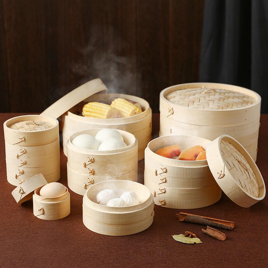 Buuyyaa Bamboo Steamer, 2-Tier, Chinese Style, Steamer Basket with 4 Steaming Cloths, Handcrafted by Artisans, for Steaming Buns, Chawanmushi (Savory