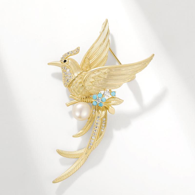 Chinese Matte Gold Phoenix Brooch with Zircon, Freshwater Pearl  Agate