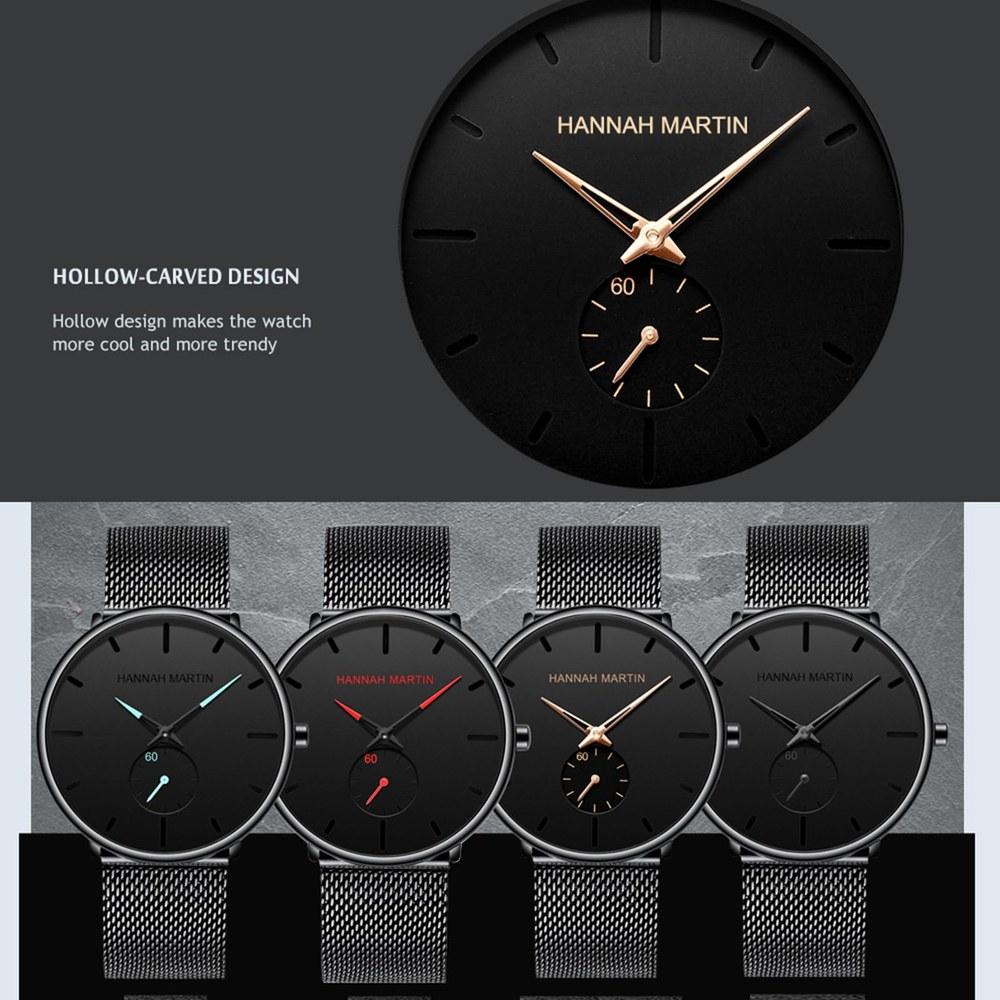 Hannah Martin Men's Ultra-Thin Dress Watch Waterproof Stainless Steel Band Black
