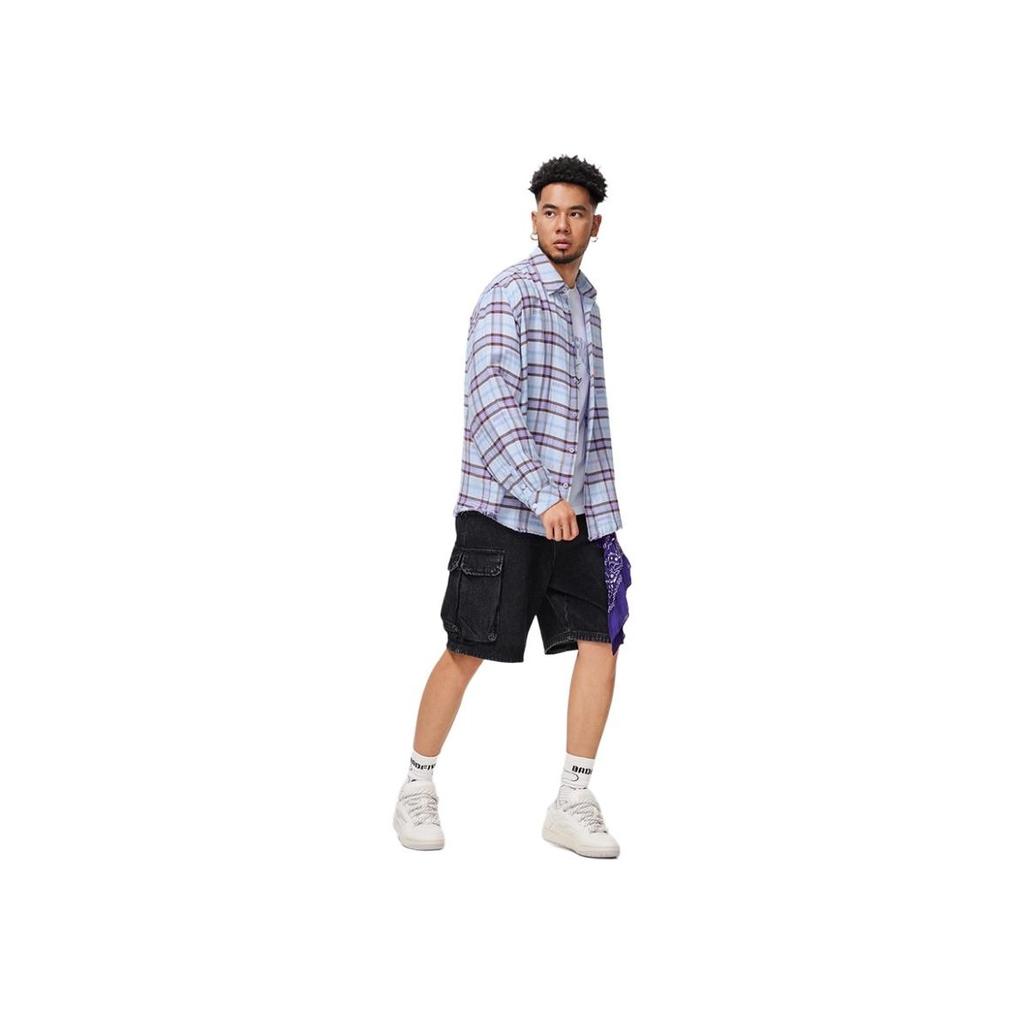 Li Ning Badfive Loose Knit Sports Cardigan Long Sleeve Shirt Men tops Blue Purple Plaid ASHU475-1