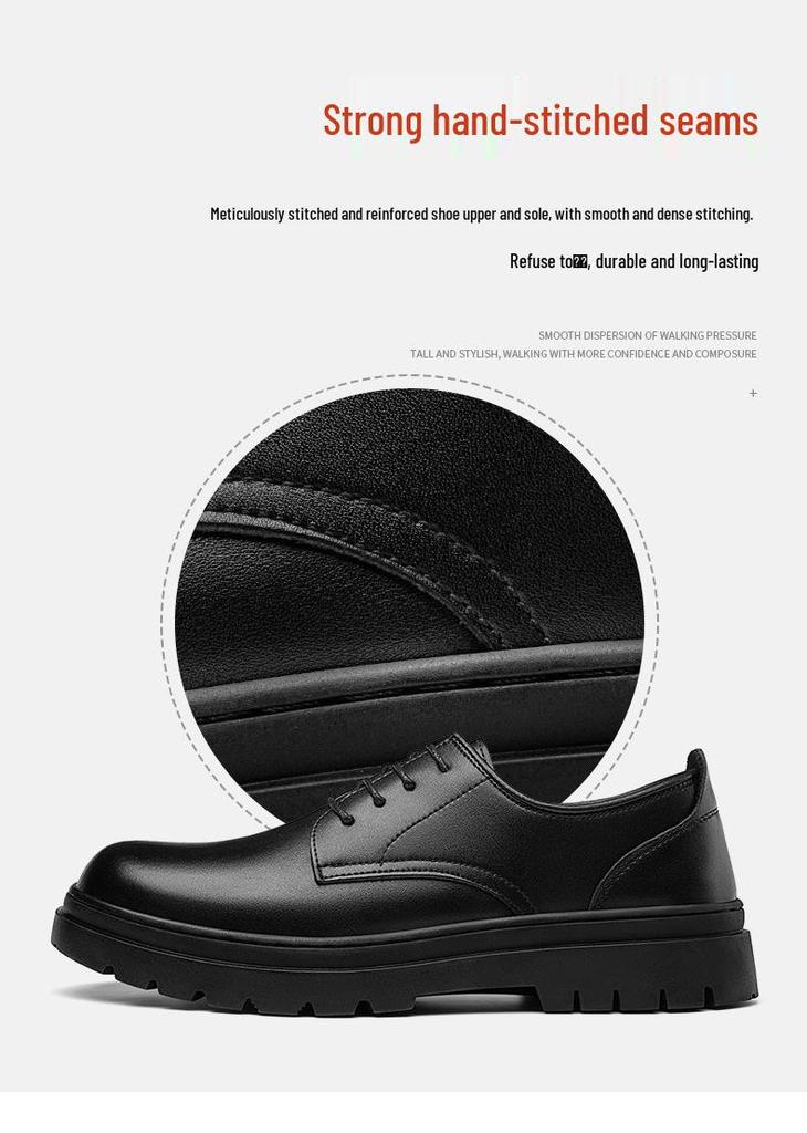 Men's Black Leather Derby Shoes - Winter 2025, Height Increasing, Thick Sole, Casual to Formal, with Plus Velvet for Warmth