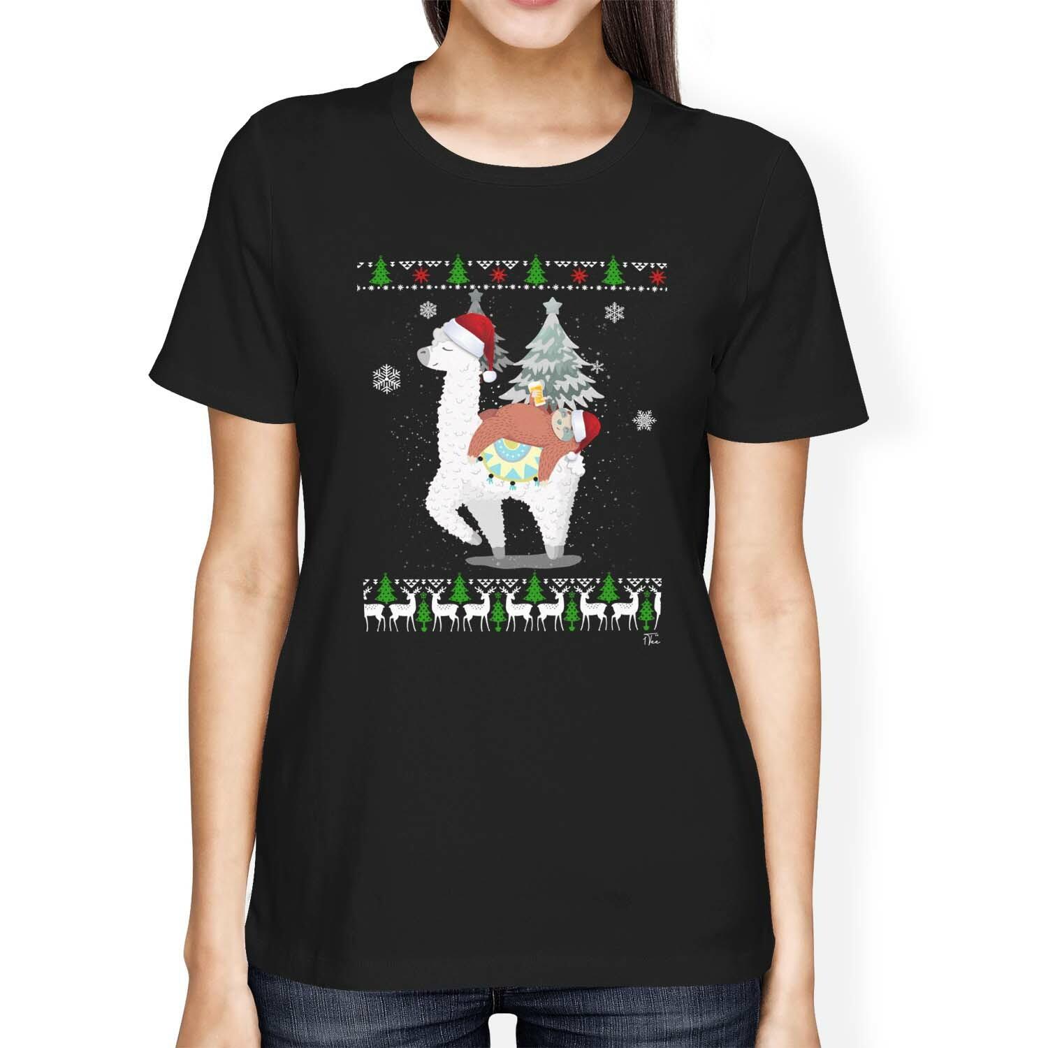 1Tee Womens Loose Fit Llama and Drunk Sloth at Christmas T-Shirt M