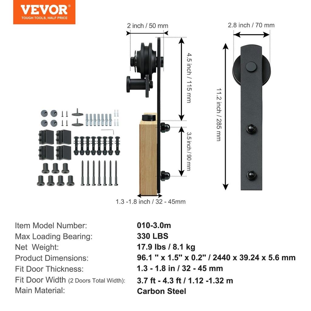 8FT Sliding Barn Door Hardware Kit, 330LBS Heavy Duty Barn Door Track Kit for Double Doors, Fit 3.7-4.3FT Total Wide and 1.3"-1.8" Thick 2 Door Panel,