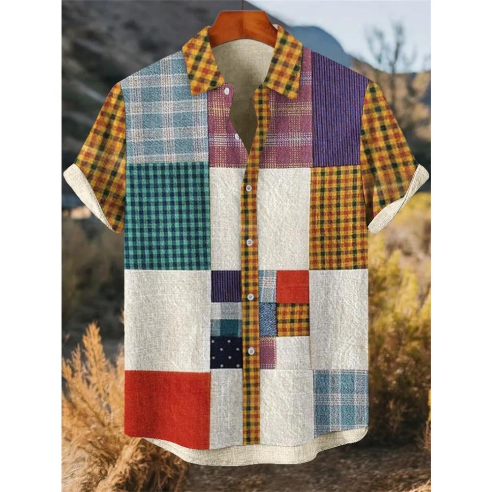 Pánská retro barevný blok krátký rukáv etnická retro kmenová krátký rukáv košile ležérní módní košile top