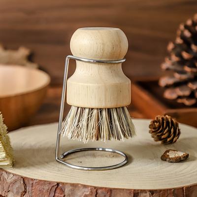 Natural Wooden Pot and Bowl Brush with Metal Stand Plant Fiber Bristles Ideal for Cleaning and Drying Kitchen Cleaning Essentials