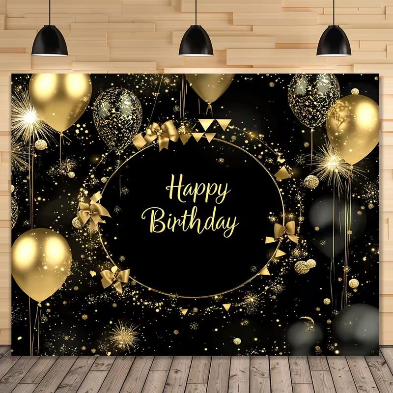 2D Glitter Balloon Birthday Backdrop, Black Gold Themed Party & Photoshoot Banner