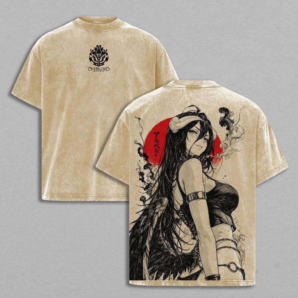 Anime Overlord Albedo T Shirt Gothic Vintage Washed Casual T-shirt Men Clothing Summer Oversized Short Sleeve Cotton Tees Tops