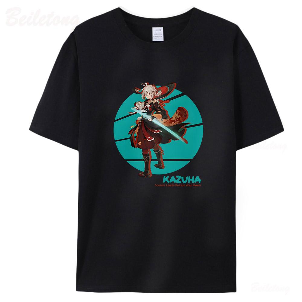 Genshin Impact Kaedehara Kazuha T Shirts Men Women Short Sleeve Unisex Tees100% Cotton Summer Streetwear Print O-Neck Black Tops