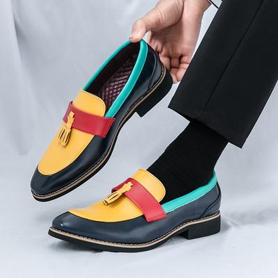 Brand Designer New Men Pointed Tassels Patent Leather Dress Casual Shoes Male Mixed Color Loafers Wedding Homecoming Footwear