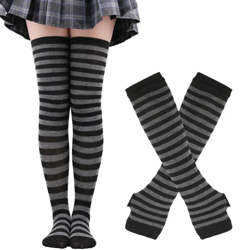 Lange über dem Knie Socken Damen Fäustlinge Armstulpen Handschuhe Set Gestreifte Oberschenkelhohe Strümpfe Damen Mädchen Rosa Schwarz Weiß Lolita