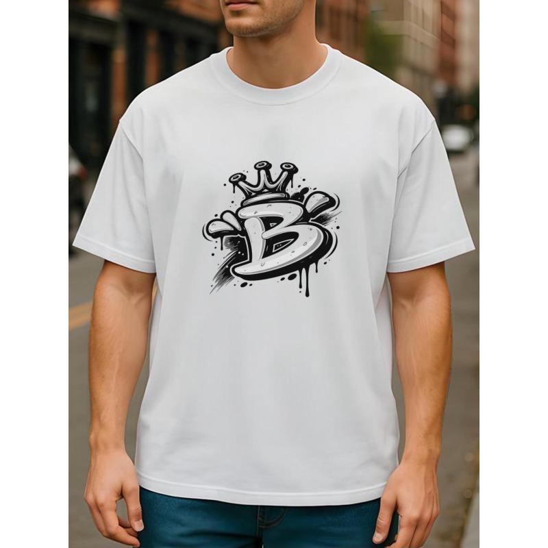 European Sizes Crown Graffiti B Street Cool Style Fashion Print T-Shirt, A Versatile Casual T-shirt Suitable for All Seasons for Men