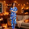 Women's Halloween Print Scrub Set V-Neck Short Sleeve Top with Pocket and Pants 2-Piece Uniform