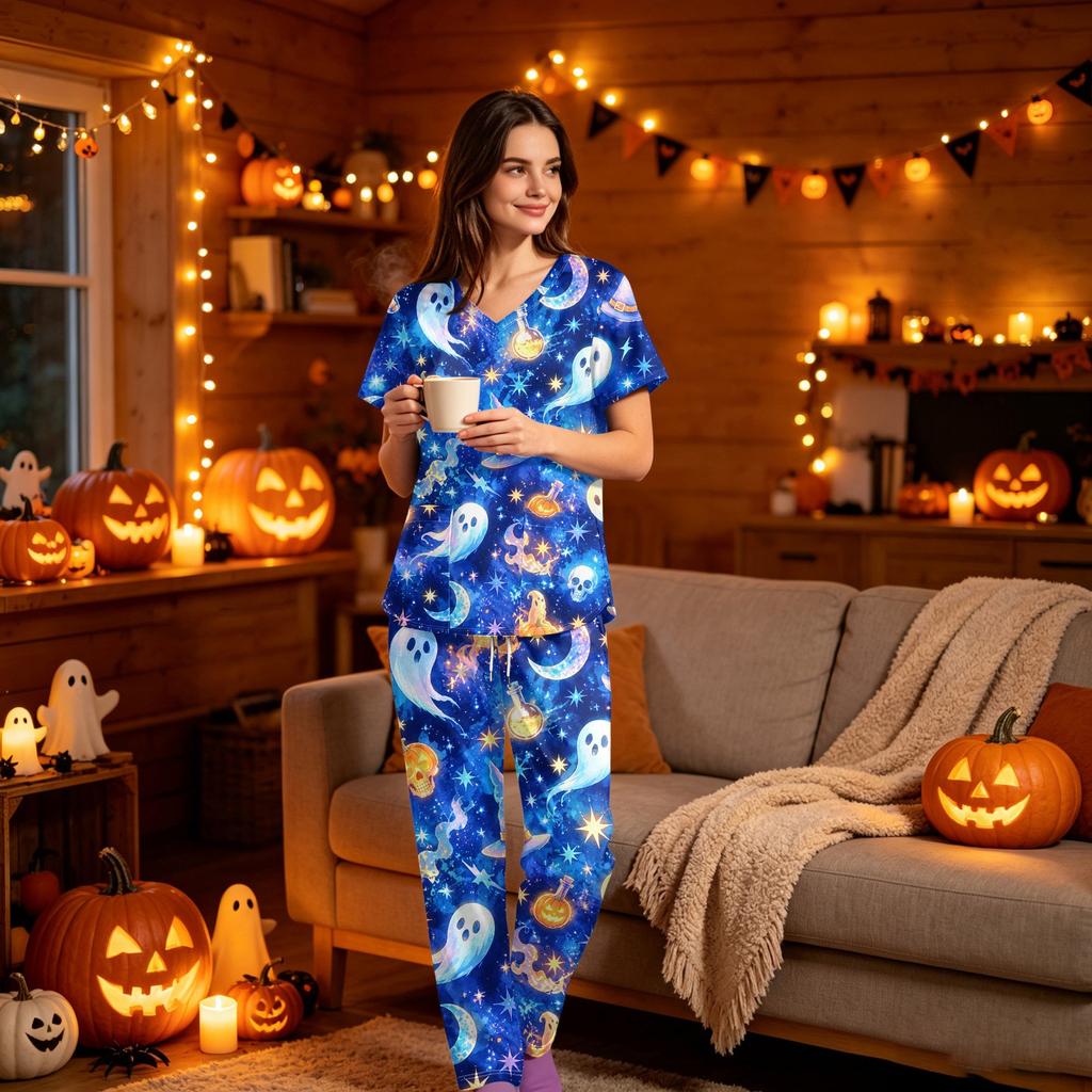 Women's Halloween Print Scrub Set V-Neck Short Sleeve Top with Pocket and Pants 2-Piece Uniform