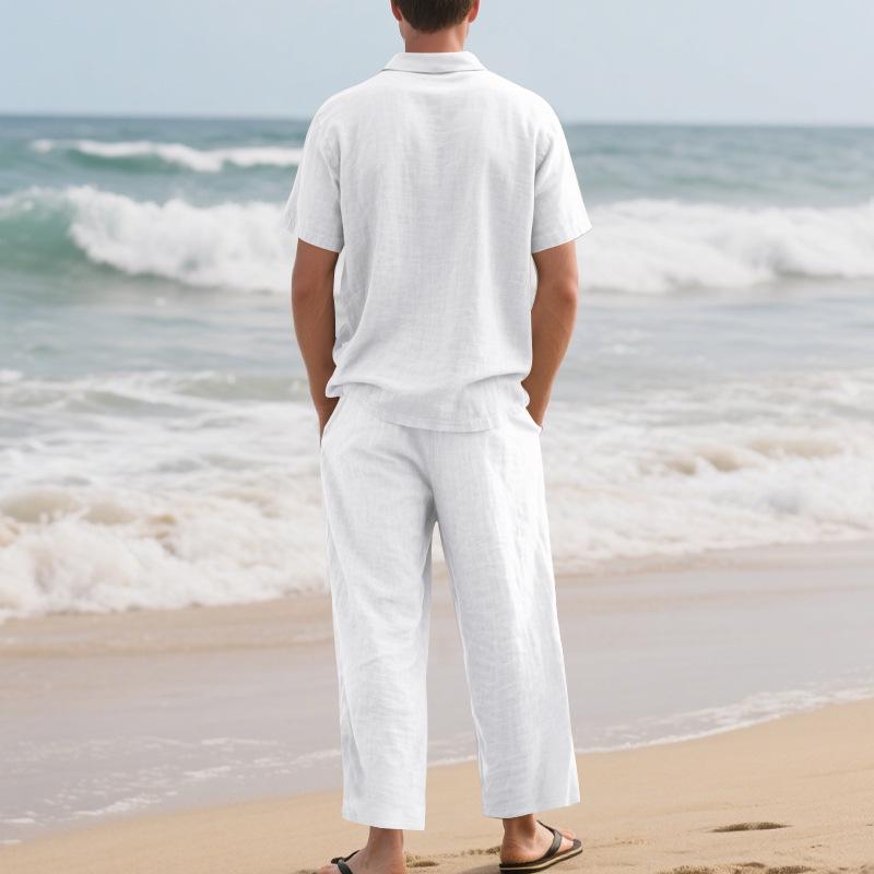 Men's European & American Linen Beach Set: Short-Sleeve Polo Shirt & Long Pants