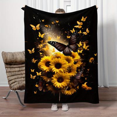 [Lightweight Blanket] 1pc Lightweight Portable Blanket - Sunflowers and Butterflies Print Flannel Throw | Digital Printing