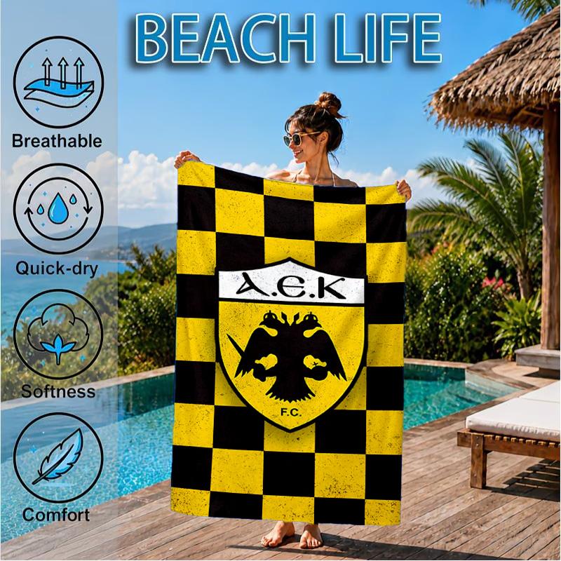 Asciugamano da Spiaggia AEK Atene con Design dello Stemma Oro e Nero, Asciugatura Rapida, Facile da Curare, Adatto Sia per il Fitness che per le Vacanze al Mare, Essenziale per lo Sport