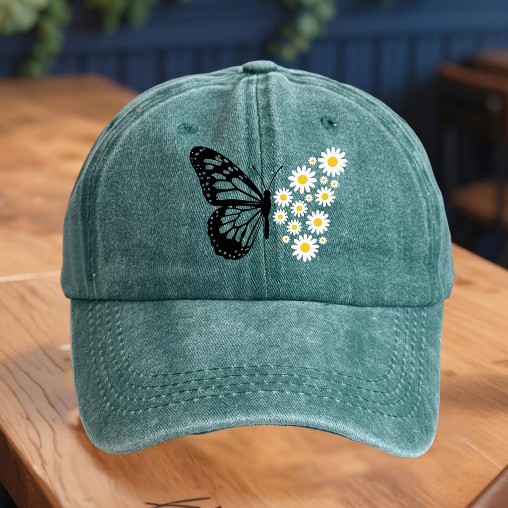 Ladies' adjustable baseball cap with butterfly and daisy floral print, soft, breathable, fashionable and casual headwear to wear