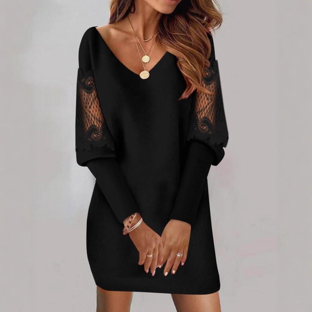 Autumn new V-neck long-sleeved printed lace splicing dress for women