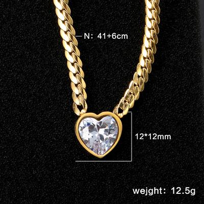 Gold Color Fashionable Stainless Steel Simple Classic Retro White Zircon Heart-Shaped Non Fading Pendant Necklace For Women