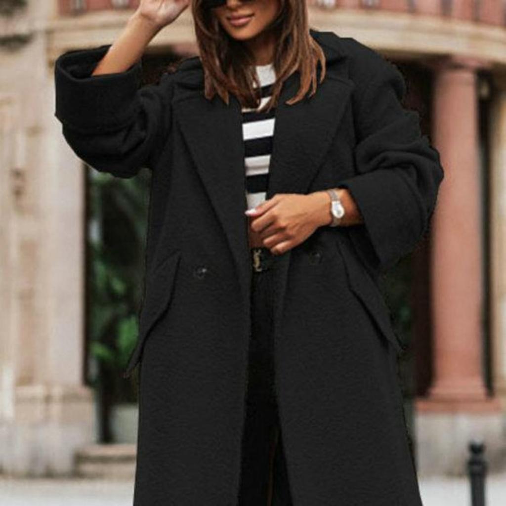 Damen Herbst-Wintermantel, Revers, lockerer langer Stil, einfarbig, dicke Strickjacke, warm, winddicht, Taschen, Doppelknöpfe, langärmelig, Damenmantel, Oberbekleidung