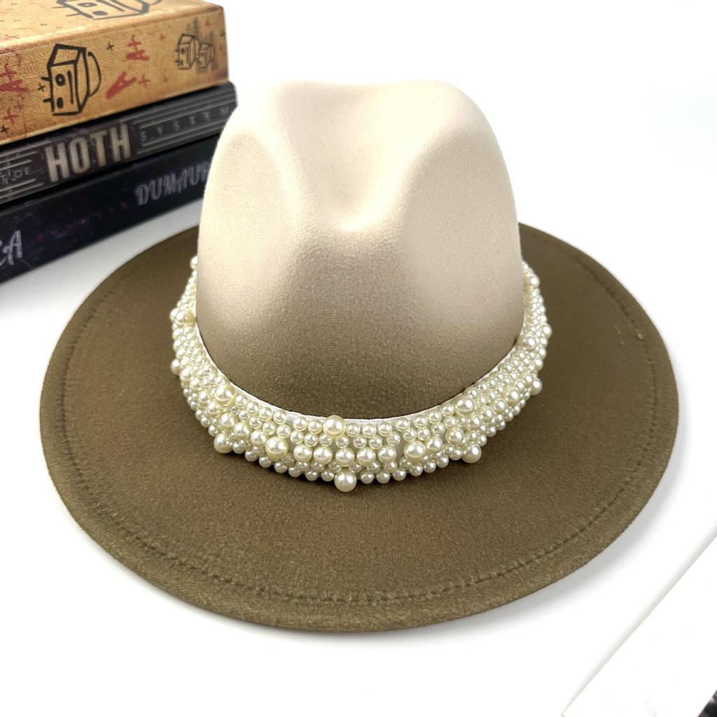 Women's New Fashion Pearl Accessories Woolen Top Hat Color Matching Jazz Hat European and American Style Men's Outdoor Sun Hat