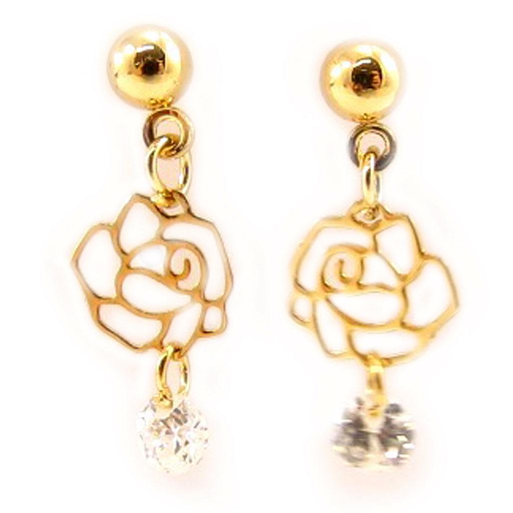 Les Trésors De Lily [L5244] - Brincos Criador 'Rosa Romântica' branco dourado