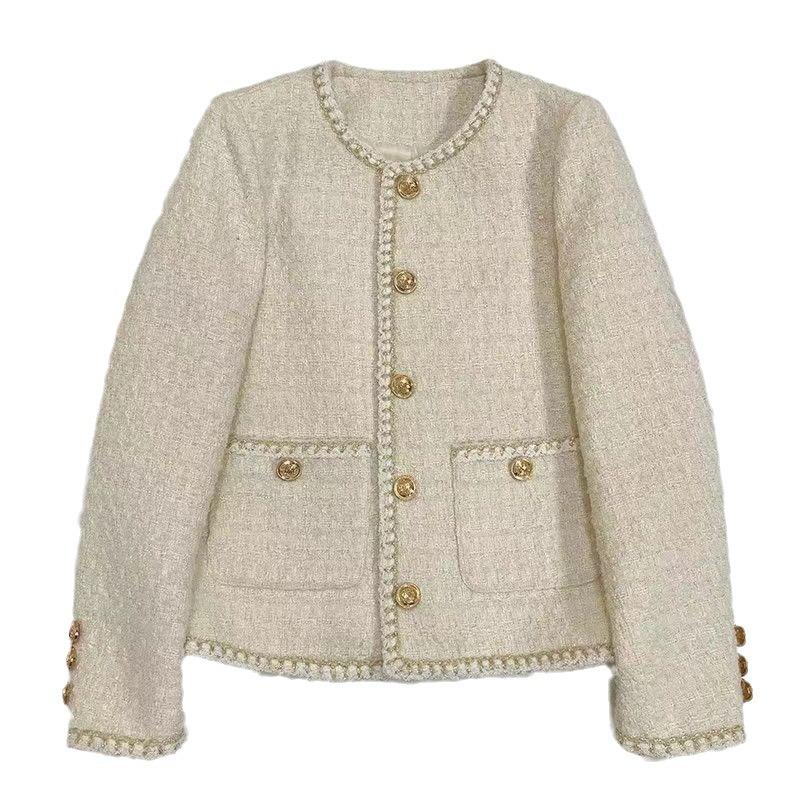 Französische kleine duftende temperamentvolle Berühmtheit Tweedjacke Damen Herbst und Winter Neu Koreanische Version Beige Vielseitiges Oberteil Damenbekleidung