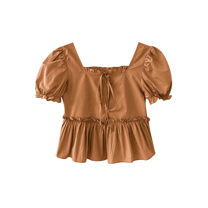 

Летний французский милый топ с квадратным вырезом, шнуровкой и вставками для женщин S0975 - Возврату не подлежит Small кофейный